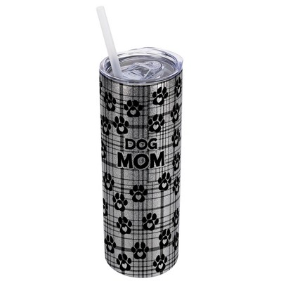Elanze Designs Plaid Paw Prints Silvertone Sparkle 20 Ounce Double Wall Stainless Steel Glitter Travel Tumbler With Sliding Lid And Straw, Dog Mom