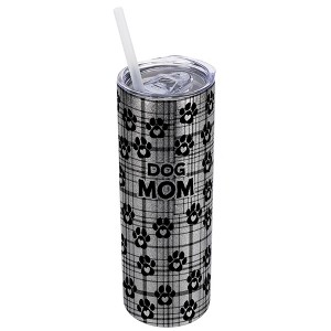 Elanze Designs Plaid Paw Prints Silvertone Sparkle 20 Ounce Double Wall Stainless Steel Glitter Travel Tumbler With Sliding Lid And Straw, Dog Mom - 1 of 4