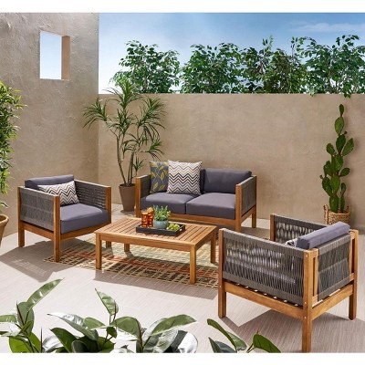 4 Piece Wood Garden Furniture Set,Patio Loveseat with Rope Back Club Chairs and Coffee Table,Cushioned Outdoor Patio Conversation Sets-Coolbibila