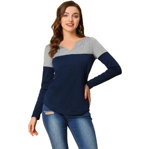 Allegra K Women's Casual Color Block Stretch Long Sleeves Split V-Neck T-Shirt - 1 of 4