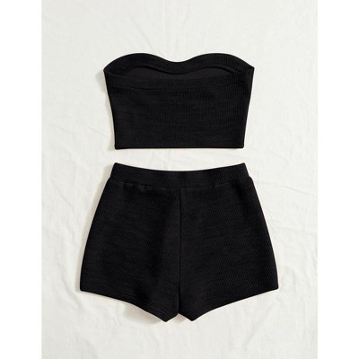 Women's 2 Piece Outfit Ribbed Crop Bandeau Tube Top and Biker Track Shorts Sets