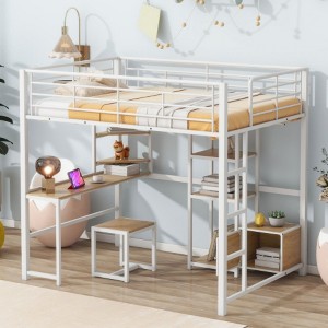 Full Size Loft Bed with Desk and Stool, Metal Loft Bed with Open-Style Wardrobe, Shelves and Cabinet, Black - 1 of 4