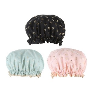 Unique Bargains Women's Waterproof Heart Shape Elastic Shower Hair Cap Pink Green Black 3 Pcs - 1 of 4