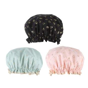 Unique Bargains Women's Waterproof Heart Shape Elastic Shower Hair Cap Pink Green Black 3 Pcs