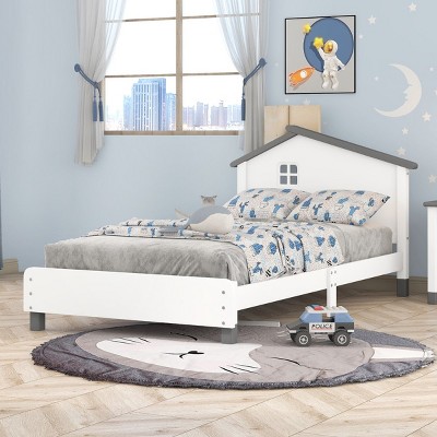 KTMBDW Twin/Full Size Platform Bed Frame, Twin Size Bed with House-shaped Headboard, No Box Spring Needed