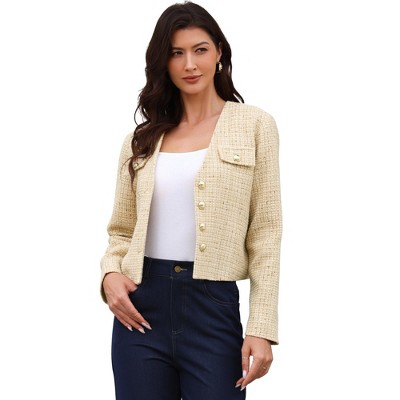 INSPIRE CHIC Women's Tweed Long Sleeve Button Down Collarless Elegant Cropped Jacket