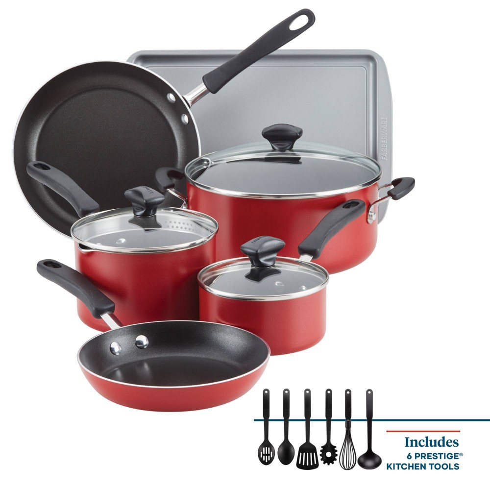 Farberware Cookstart 15pc Aluminum Nonstick Cookware Set with Prestige Tools Red