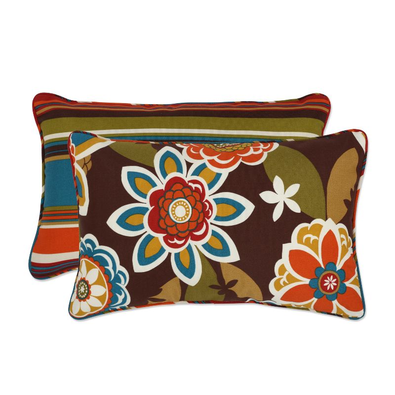 Outdoor 2-Piece Reversible Lumbar Toss Pillow Set - Brown/Turquoise Floral/Stripe - Pillow Perfect, 1 of 9