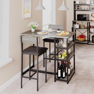 2-Person Dining Set - Marble Table w/2 Upholstered Chairs & 3-Tier Storage - Grey/Bistro Style