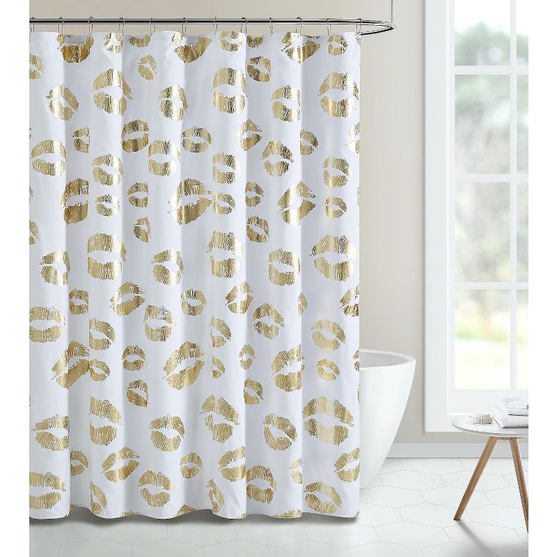 Kate Aurora Chic Metallic Gold Kissing Lips Mold & Mildew Resistant Fabric Shower Curtain, 1 of 2