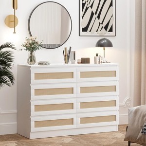 Jojoka Modern 8 Drawer Wooden Dresser Chest, Rattan Dresser for Bedroom, Wide Wood Beside Table for Closet, Nursery, Living Room and Entryway - 1 of 4