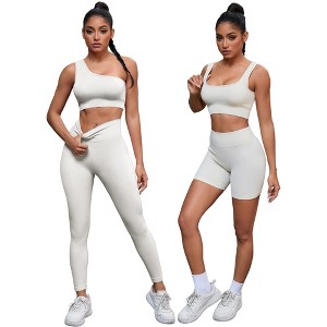 INSPIRE CHIC Women's Exercise Outfits Scoop Neck One Shoulder High Waist Gyms Body Shapers 4 Pieces Workout Set - 1 of 4