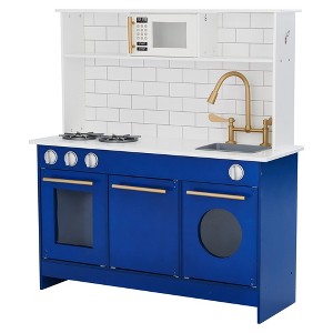 Teamson Kids Little Chef Berlin Pretend Play Kitchen with Cookware Accessories, Oven, Microwave, White/Blue - 1 of 4