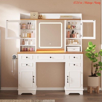 Vanity Desk w/ Lighted Mirror - 3 Color Adjustable Makeup Vanity Table with 5 Drawers, 4 Doors & 3 Storage Shelves, Built-in Charging Station