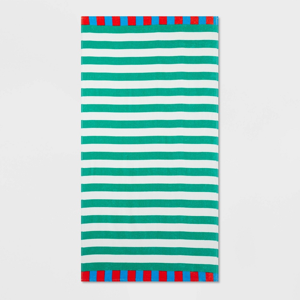 Photos - Towel Striped Beach  Green/White - Sun Squad™