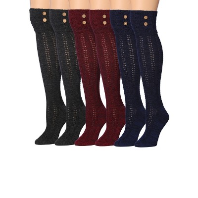 Tipi Toe Womens 3 Pairs Winter Warm Cushioned Solid Colors Pattern Knee High With Buttons Cotton-Blend Boot Socks