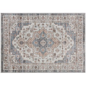4x6 Area Rug, Vintage Machine Washable Rug, Non-Slip Carpet for Living Room, Bedroom, Dining Room, Brown & Light Blue - 1 of 4