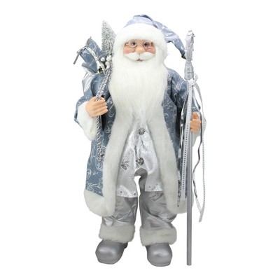 Northlight 25" Standing Santa Claus in Blue and Silver Holding A Staff Christmas Figure