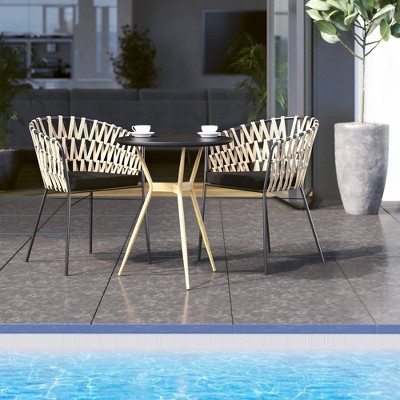 3pc Outdoor Bistro Set with Wrapped Rope Dining Arm Chairs & Cushions - Black - TK Classics