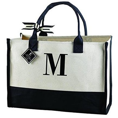 Mud Pie Classic Canvas Initial Tote Bags , 100% Cotton, 17" x 19" x 2", Black and White