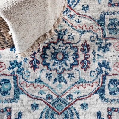 Light Gray and Blue Synthetic Vintage Medallion Rug