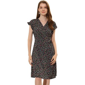Allegra K Women's Boho Flutter Sleeve V Neck Belted A-Line Wrap Midi Floral Dress - 1 of 4