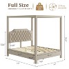Full Size Canopy Bed Frame with Nailhead Decoration Headboard, Upholstered Bed Frame with Poles 4 Corner Bed Bracket, Solid Wood Slats Support, Beige - 2 of 4