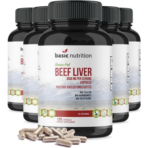 Basic Nutrition Grass-Fed Beef Liver Capsules, Vitamin-Rich Superfood, Pasture-Raised, Undefatted, No Pesticides or Hormones, For Immune Support - image 1 of 4