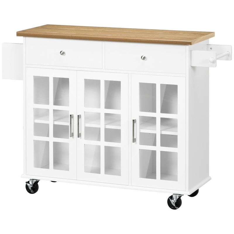 HOMCOM Rolling Kitchen Island with Storage, Utility Kitchen Cart with 2 Drawers, 2 Cupboards, Towel Rack and Spice Rack for Dining Room, White, 4 of 7
