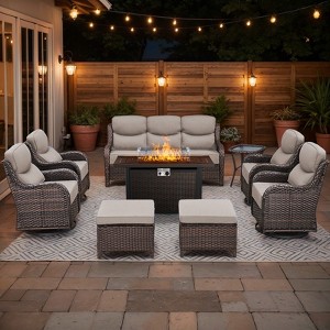 Belord All Weather Wicker Patio Furniture Set with Firepit Table, 9 Pieces 6-INCH Extra Thick Cushion Patio Furniture Set with 4 Swivel Patio Chairs - 1 of 4