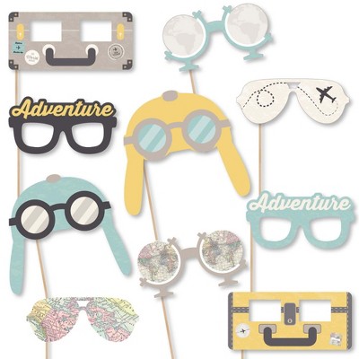 Big Dot of Happiness World Awaits Glasses & Masks - Paper Card Stock Travel Themed Party Photo Booth Props Kit - 10 Count