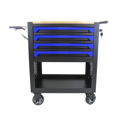 Tool Cabinet 4 Drawers Rolling Tool Chest with Wheels Multi-Functional Tool Cart with Wooden Top Workbench Tool Organizer with Locked Drawers Tool Box