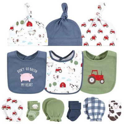 Image of Hudson Baby Infant Boy Caps or Headbands, Bibs, Mittens and Socks 12pc Set, Farm, 0-6 Months