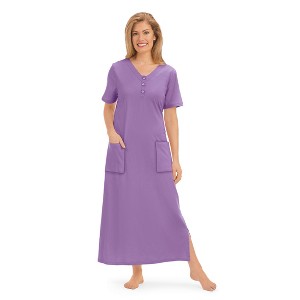Collections Etc Soft Cotton V-Neck Long Patch Pocket Short Sleeve Lounger - 1 of 4
