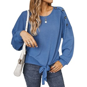 Anna-Kaci Women's Long Sleeve Waffle Knit Pullover Top with Shoulder Button Detail and Front Tie Hem - 1 of 4
