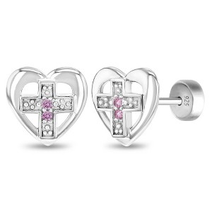 Girls' Love of God Heart Cross Push Back Sterling Silver Earrings - In Season Jewelry - 1 of 4