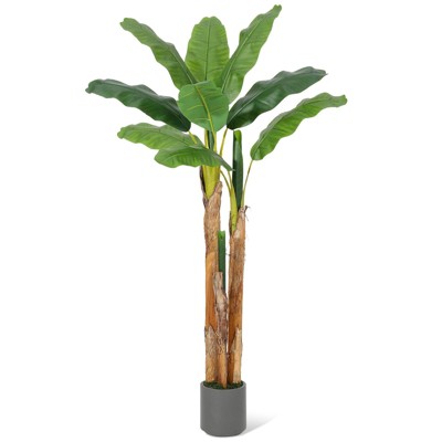 Artificial Banana Tree, 5FT Faux Banana Tree with Grey Planter, Artificial Plants with 11 Faux Banana Leaves Plant