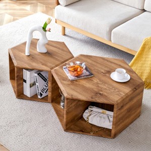 Modern Hexagon Coffee Table Set with Open Storage,2-Piece Wood Grain Marble Pattern MDF Sofa Side Tables for Living Room-Baofuwish - 1 of 4