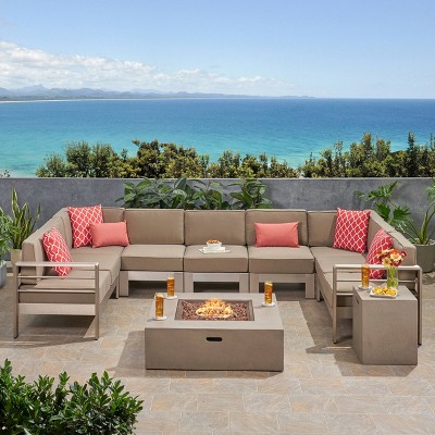 Cape Coral 9pc Aluminum UShaped Sectional and Fire Pit Set  Khaki/Light Gray - Christopher Knight Home