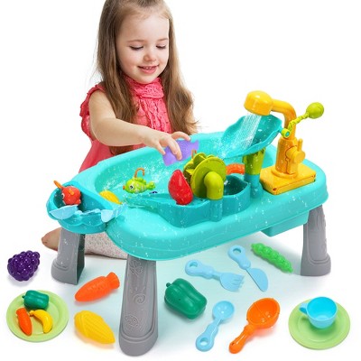 Skirfy 38PCS Play Sink with Running Water with Electric Faucet, Play Food, Fishing Game, Mini Water Table Indoor & Outdoor