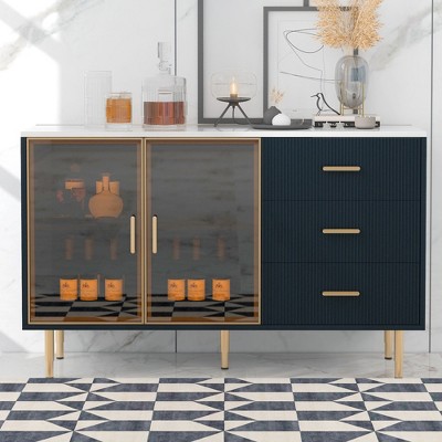 NicBex 60" Modern MDF Sideboard,Kitchen Storage Cabinets with 2 Tempered Glass Doors and 3 drawers for Kitchen and Dining Room,Blue