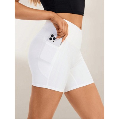 Clotth Biker Yoga Shorts With Pockets For Women ,High Waist Cross Athletic Running Workout Gym Shorts Tummy Control