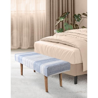 Indigo Blue and White Handwoven Upholstered Bench with Mango Wood Legs