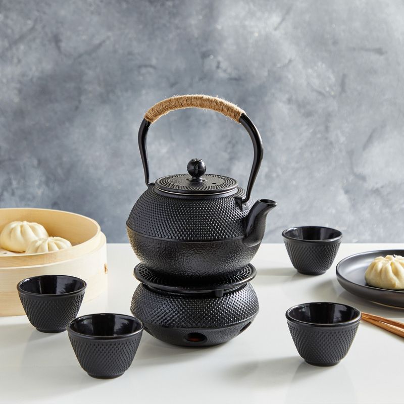 Juvale Hobnail Black Cast Iron Tea Kettle for Stovetop - Japanese Tea Pot Set with Infuser, Trivet, Warmer, 4 Teacups, 40 oz, 2 of 9
