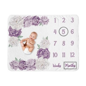 Sweet Jojo Designs Girl Baby Milestone Blanket Peony Floral Garden Purple and Ivory - 1 of 4