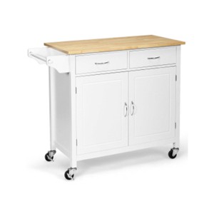 SKONYON White Rolling Kitchen Cart with Towel Rack and Wood Table Top - 1 of 3