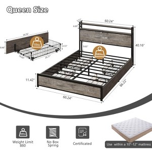 VINGLI Metal Platform with 4 Storage Drawers/Headboard/LED Lights/Charging Station, No Box Spring Needed, Easy Assembly, Wash Grey - 1 of 4