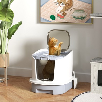 Gray Enclosed Cat Litter Box with Drawer and Scoop