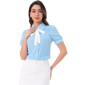 Allegra K Women's Polka Dots Peter Pan Collar Tie Neck Short Sleeve Shirt - 1 of 4