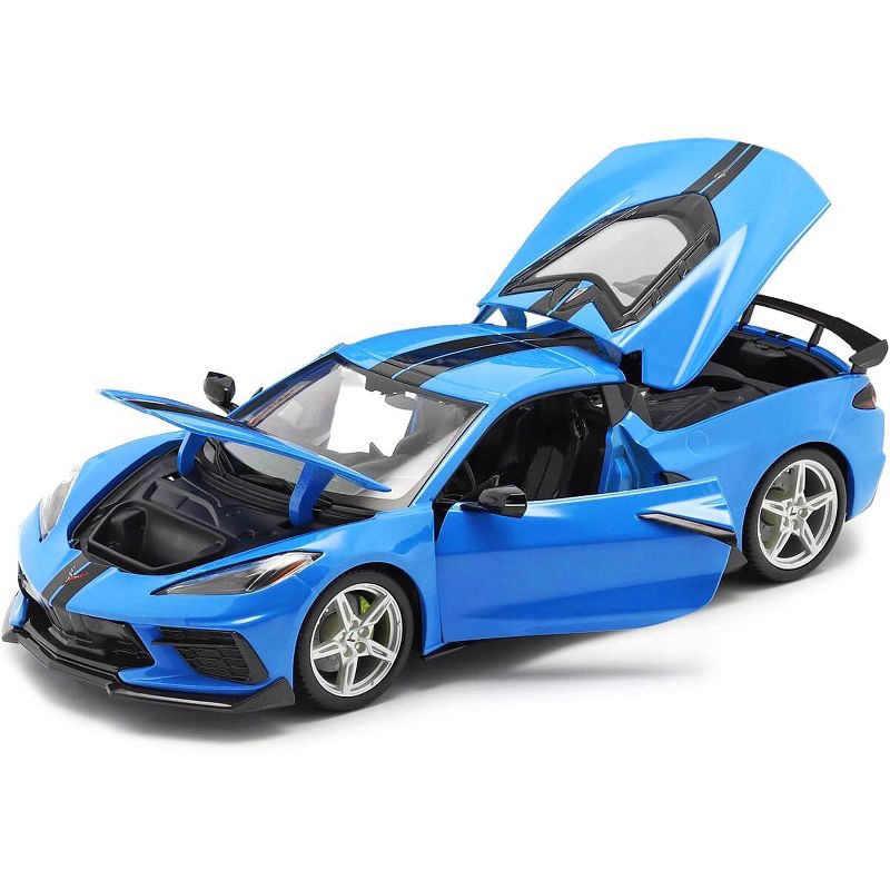 2020 Chevrolet Corvette Stingray C8 Coupe with High Wing Blue with Black Stripes 1/18 Diecast Model Car by Maisto, 2 of 7
